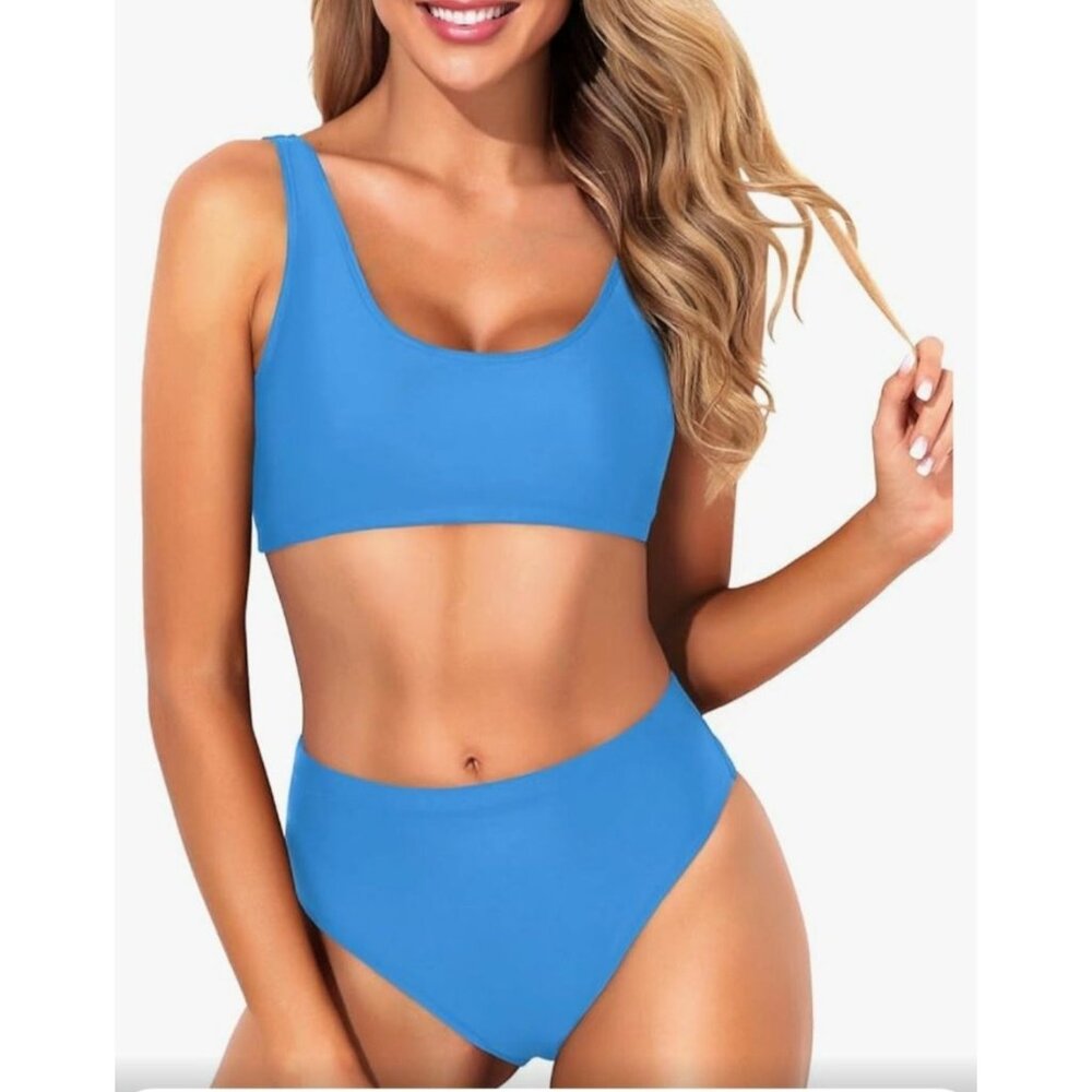 Tempt Me Womens Two-Piece Bikini Crop Top Sporty High Waist Bathing Suit Blue L